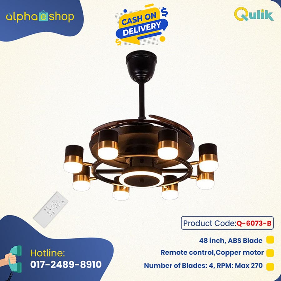 Qulik Q-6073-B 48-Inch Modern Chandelier Ceiling Fan with LED Light in Black