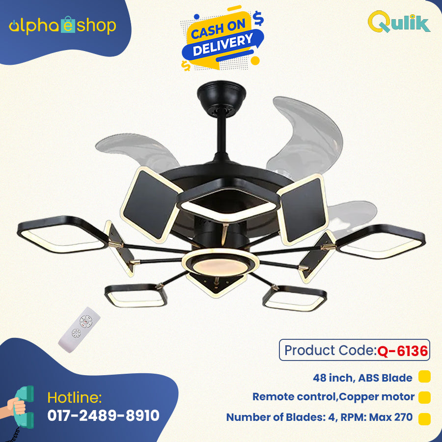 Qulik Q-6136 48 Inch Modern Chandelier Ceiling Fan - 4-Blade, LED Light, 3 Color Change, Remote Control