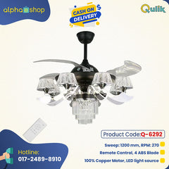 Qulik Q-6292 48 Inch Modern Chandelier Ceiling Fan - 4-Blade, LED Light, 3 Color Change, Remote Control (Black)