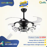 Qulik 48 Inch Modern Chandelier Retractable Invisible Blade Silent 3 Color Change LED Remote Ceiling Fan (Black) Q-6294