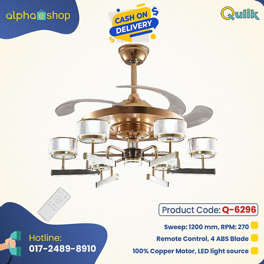 Qulik Q-6296 48 Inch Modern Chandelier Ceiling Fan - 4-Blade, LED Light, 3 Color Change, Remote Control (Golden)