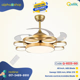 Qulik 48-inch Modern Chandelier Retractable Invisible Blade Silent 3 Color Change LED Remote Ceiling Fan (Golden) Q-8223-GD - Stylish and Functional Ceiling Fan with Chandelier-style Underlight