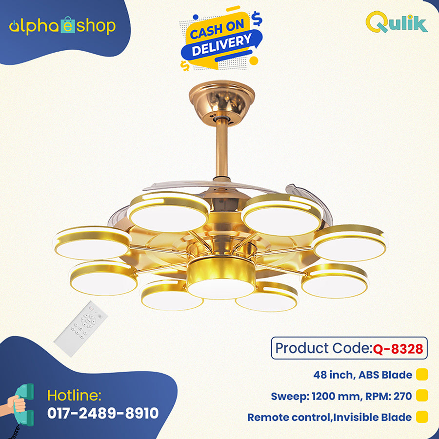 Qulik M05 48" Modern Chandelier Retractable Invisible Blade Silent 3 Color Change LED Remote Ceiling Fan (Golden) Q-8328 - Elegant Modern Decorative Fan in Golden Finish