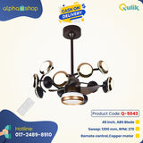 Qulik 48" Modern Chandelier Ceiling Fan - Q-5043. Black finish with retractable blades, silent operation, LED lighting, and remote control. Ideal for living rooms, dining rooms, and bedrooms.
