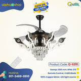 Qulik 48" Modern Chandelier Ceiling Fan - Q-6291. Stylish Black finish with retractable blades, LED lighting, and remote control. Perfect for bedrooms, living rooms, and dining areas.