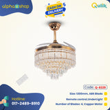 Qulik 48" Crystal Chandelier Ceiling Fan - Q-8329. Golden finish with retractable blades, silent operation, LED lighting, and remote control. Ideal for lobbies, kitchens, bedrooms, studies, and dining rooms.