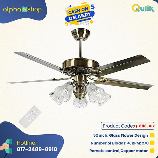 Qulik Q-8118-AB European Style 52-Inch Ceiling Fan with Glass Flower Design Lampshade in White