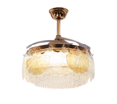 Qulik C01 48" Crystal Chandelier Retractable Invisible Blade MP3 Silent 3 Color Change LED Remote Ceiling Fan (Golden) Q-8310 - Elegant Crystal Ceiling Fan in Golden Finish