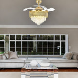 Qulik 48inch Crystal Chandelier Retractable Invisible Blade MP3 Silent 3 Color Change LED Remote Ceiling Fan (Golden) Q-7550-GD