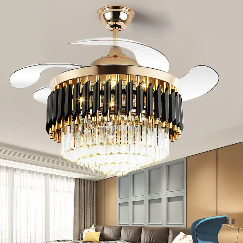 Qulik C10 48" Crystal Chandelier Retractable Invisible Blade MP3 Silent 3 Color Change LED Remote Ceiling Fan (Golden) Q-7456-BK - Luxury Classic Ceiling Fan with Crystal Chandelier Style
