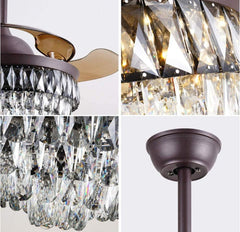 Qulik C12 48" Crystal Chandelier Retractable Invisible Blade MP3 Silent 3 Color Change LED Remote Ceiling Fan (Brown) Q-7468 - Modern Luxury Ceiling Fan with Crystal Chandelier Style