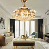 Qulik C13 48" Crystal Chandelier Retractable Invisible Blade MP3 Silent 3 Color Change LED Remote Ceiling Fan (Golden) Q-7897 - Modern Luxury Ceiling Fan with Crystal Chandelier Style in Golden Finish