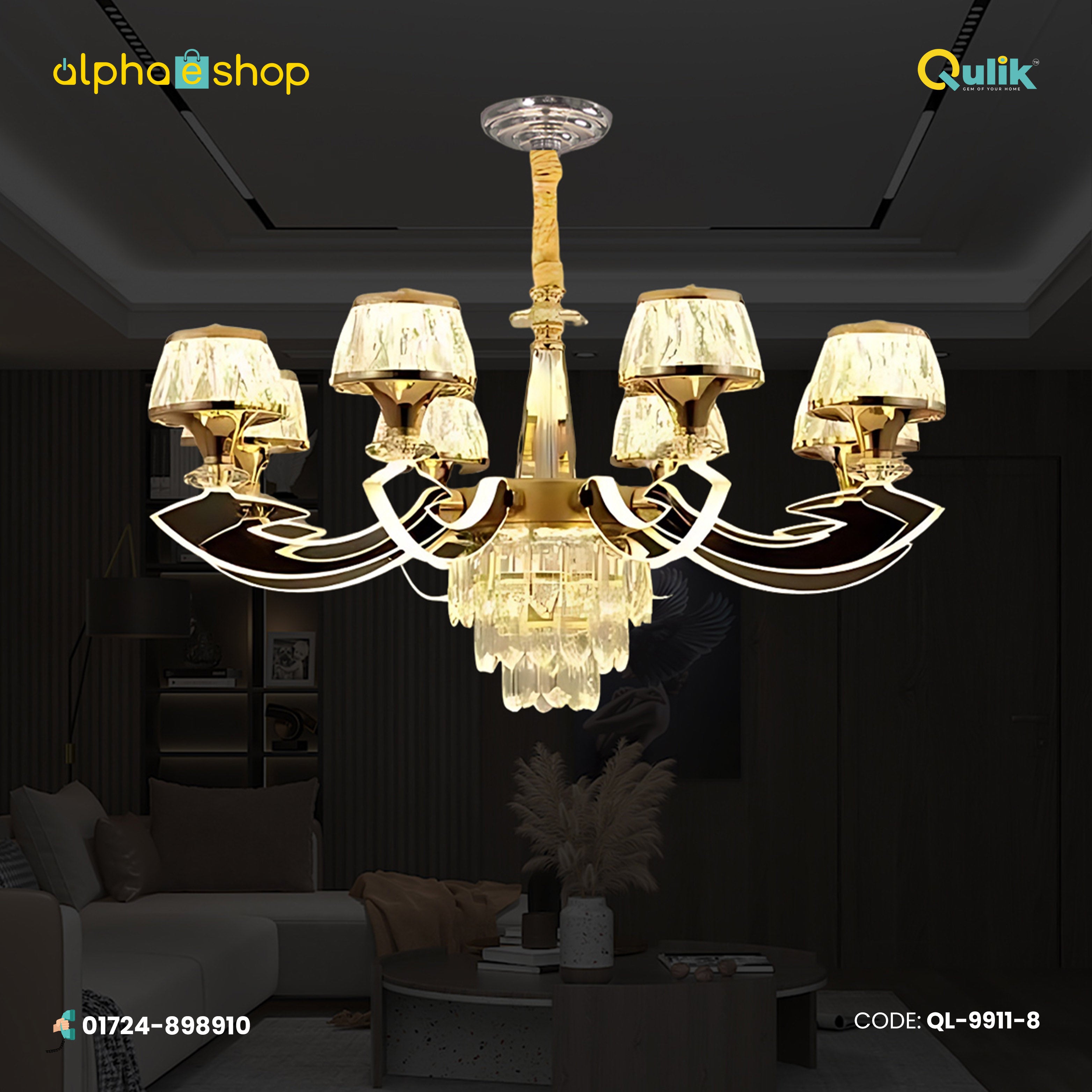 Qulik 9911-8 Golden Iron LED Ceiling Light - Modern Nordic Candle Crystal Chandelier with 8 Lamps