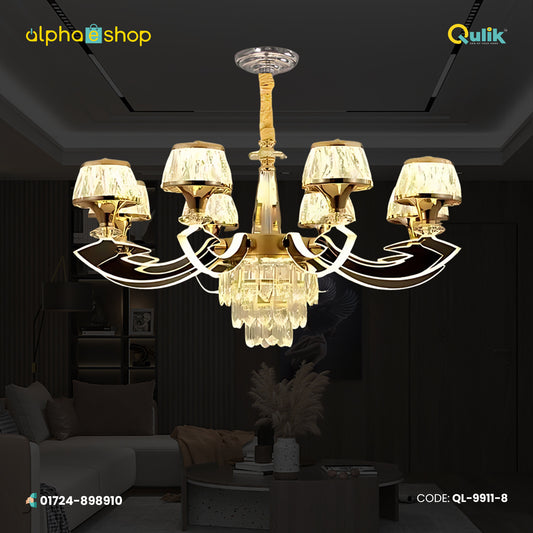 Qulik 9911-8 Golden Iron LED Ceiling Light - Modern Nordic Candle Crystal Chandelier with 8 Lamps
