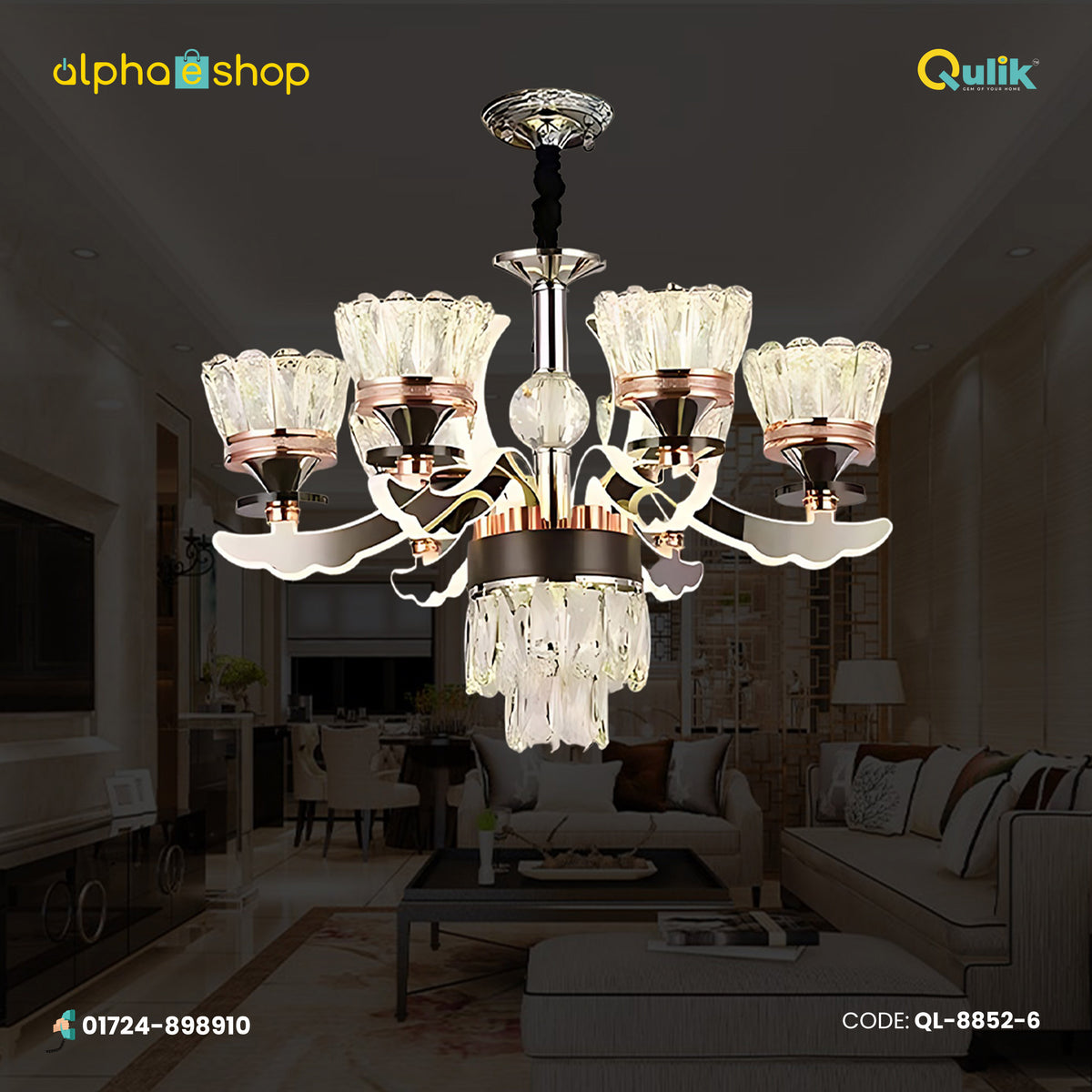 Qulik QL-8852-6 Golden Iron LED Ceiling Lamp - Modern Nordic Candle Crystal Chandelier with 6 Lamps