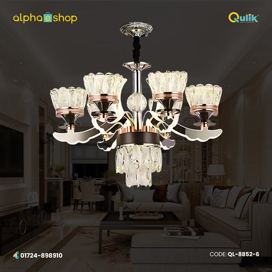 Qulik QL-8852-6 Golden Iron LED Ceiling Lamp - Modern Nordic Candle Crystal Chandelier with 6 Lamps