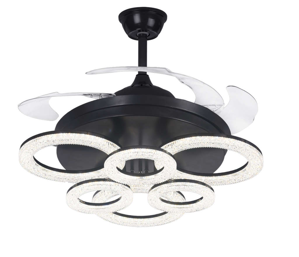 Qulik 48 Inch Modern Chandelier Retractable Invisible Blade Silent 3 Color Change LED Remote Ceiling Fan Q-8300-BK - Stylish and Functional Ceiling Fan with Chandelier-style Underlight in Black Color