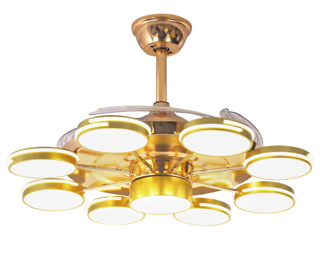 Qulik M05 48" Modern Chandelier Retractable Invisible Blade Silent 3 Color Change LED Remote Ceiling Fan (Golden) Q-8328 - Elegant Modern Decorative Fan in Golden Finish