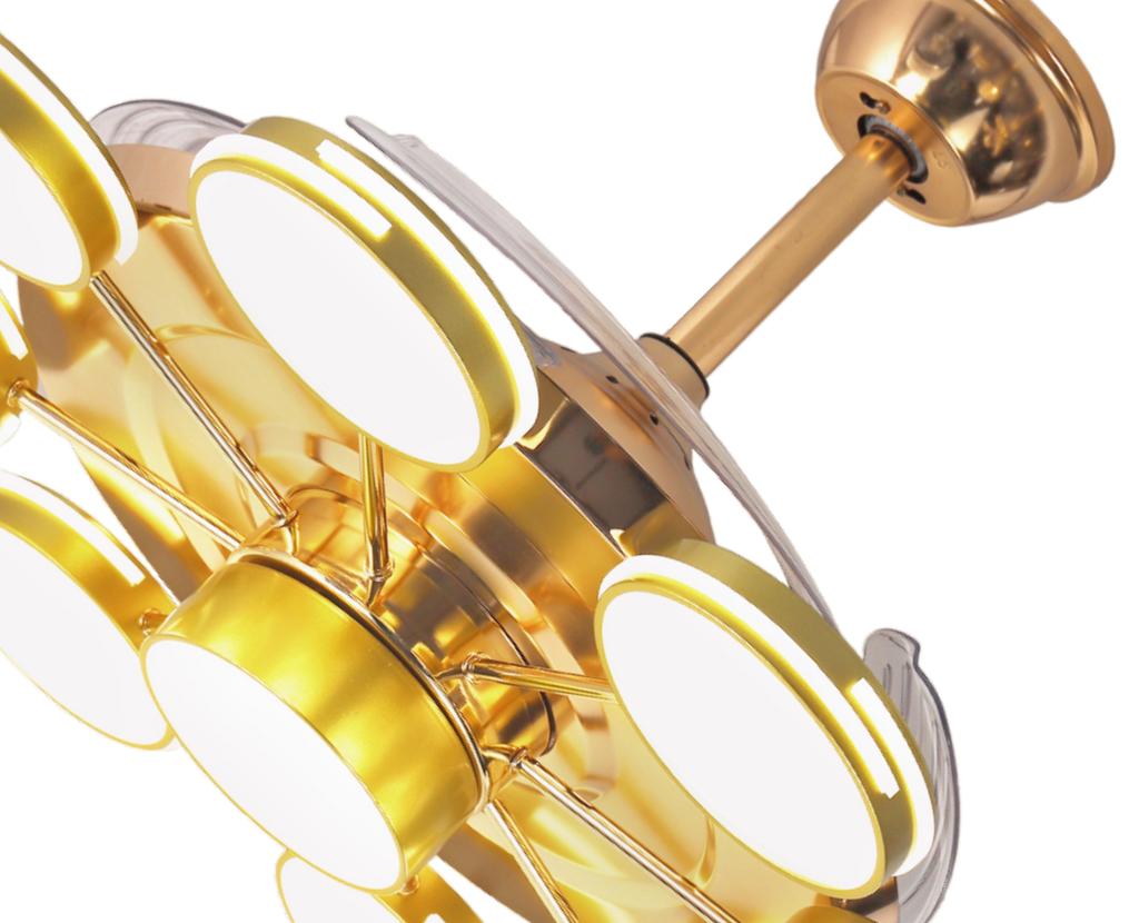 Qulik M05 48" Modern Chandelier Retractable Invisible Blade Silent 3 Color Change LED Remote Ceiling Fan (Golden) Q-8328 - Elegant Modern Decorative Fan in Golden Finish