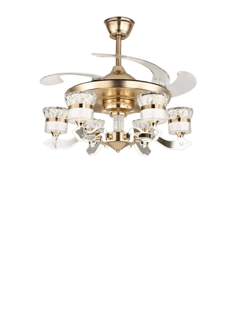 Qulik Q-6221-8 48 Inch Modern Chandelier Ceiling Fan - Retractable Blades, 3 Color Change LED, Remote Control - Golden and Black