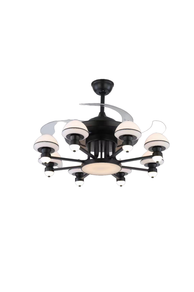 Qulik 48" Modern Chandelier Retractable Invisible Blade Silent 3 Color Change LED Remote Ceiling Fan (Black) Q-6293