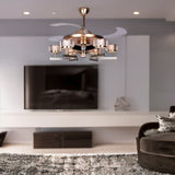 Qulik 48 Inch Modern Chandelier Retractable Invisible Blade Silent 3 Color Change LED Remote Ceiling Fan (Golden) Q-6296
