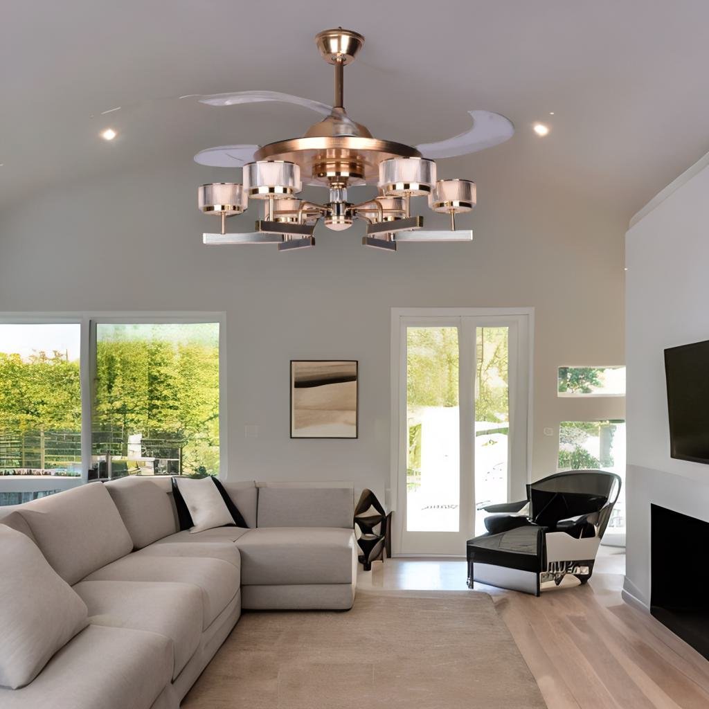 Qulik 48 Inch Modern Chandelier Retractable Invisible Blade Silent 3 Color Change LED Remote Ceiling Fan (Golden) Q-6296