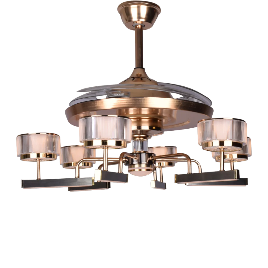 Qulik 48 Inch Modern Chandelier Retractable Invisible Blade Silent 3 Color Change LED Remote Ceiling Fan (Golden) Q-6296