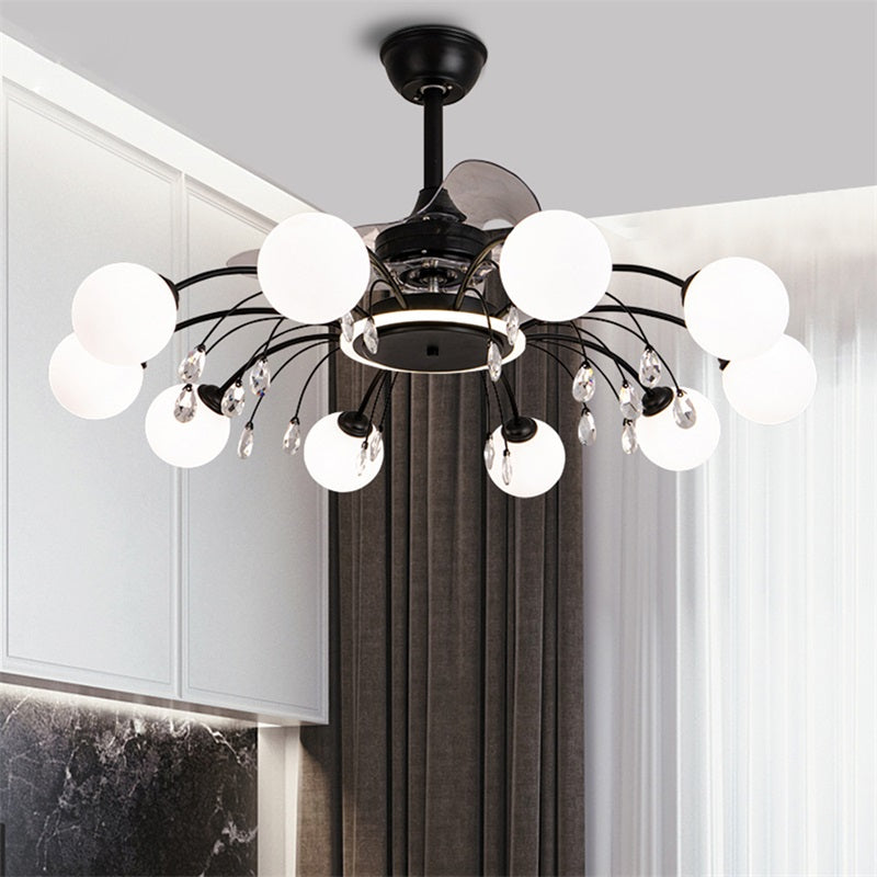 Qulik 48 Inch Modern Chandelier Retractable Invisible Blade Silent 3 Color Change LED Remote Ceiling Fan (Black) Q-6294