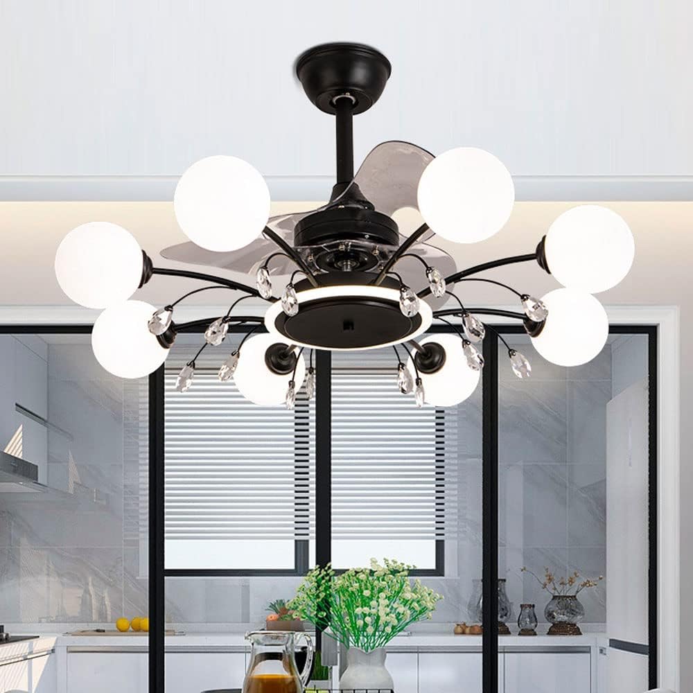 Qulik 48 Inch Modern Chandelier Retractable Invisible Blade Silent 3 Color Change LED Remote Ceiling Fan (Black) Q-6294