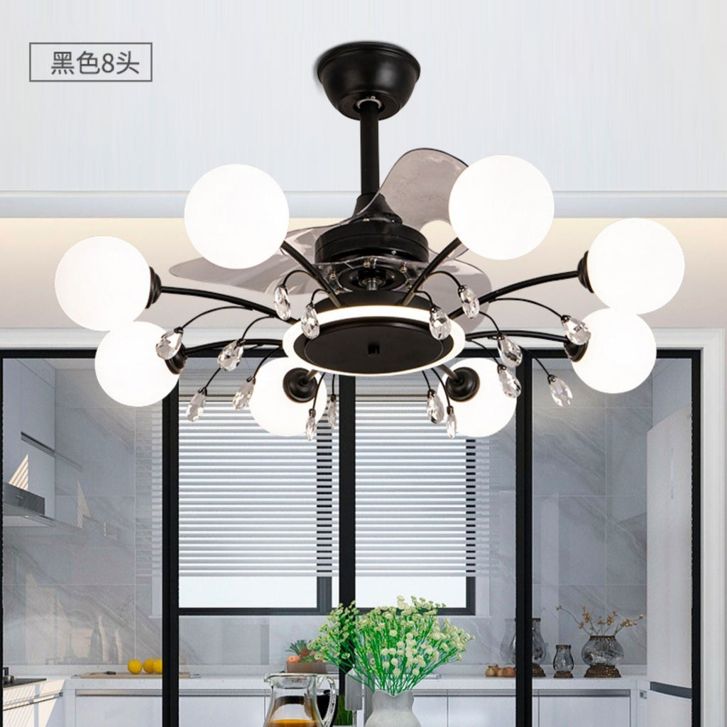 Qulik 48 Inch Modern Chandelier Retractable Invisible Blade Silent 3 Color Change LED Remote Ceiling Fan (Black) Q-6294