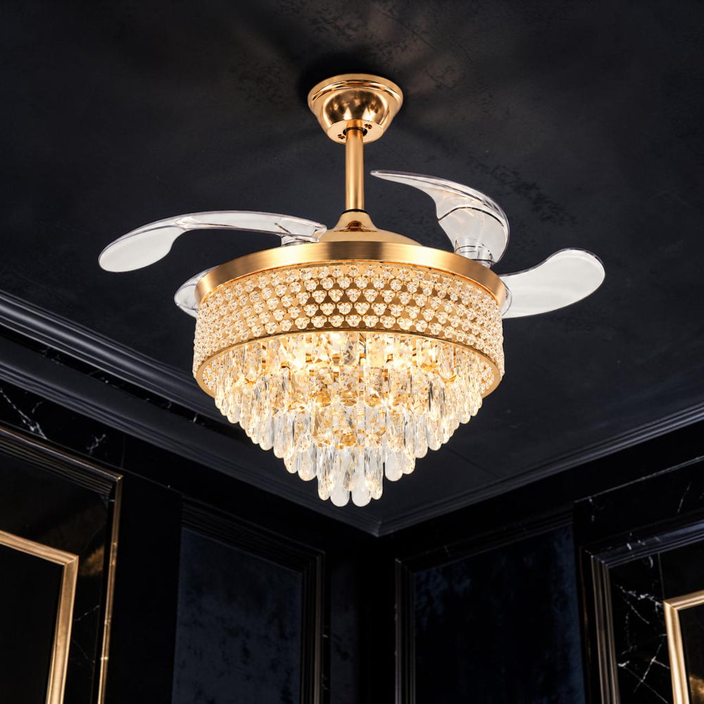 Qulik 48-inch golden chandelier ceiling fan with retractable clear blades, crystal light, 3-color LED and remote control.