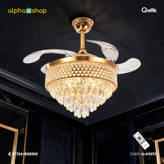 Qulik 48-inch golden chandelier ceiling fan with retractable clear blades, crystal light, 3-color LED and remote control.