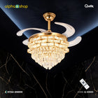 Qulik 48-inch golden chandelier ceiling fan with retractable clear blades, crystal LED light, 3-color lighting and remote control.