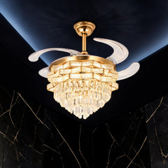 Qulik 48-inch golden chandelier ceiling fan with retractable clear blades, crystal LED light, 3-color lighting and remote control.