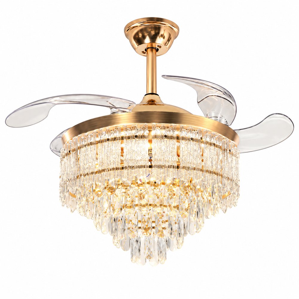Qulik 48-inch golden chandelier ceiling fan with retractable clear blades, crystal light, 3-color LED and remote control.