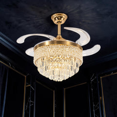 Qulik 48-inch golden chandelier ceiling fan with retractable clear blades, crystal LED light, 3-color lighting and remote control.