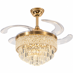 Qulik 48-inch golden chandelier ceiling fan with retractable clear blades, crystal LED light, 3-color lighting and remote control.