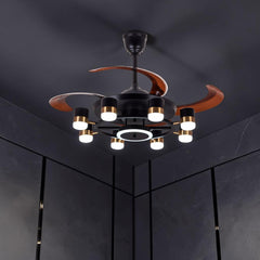 Qulik 48-inch black chandelier ceiling fan with retractable blades, 3-color LED light, remote control and silent operation.
