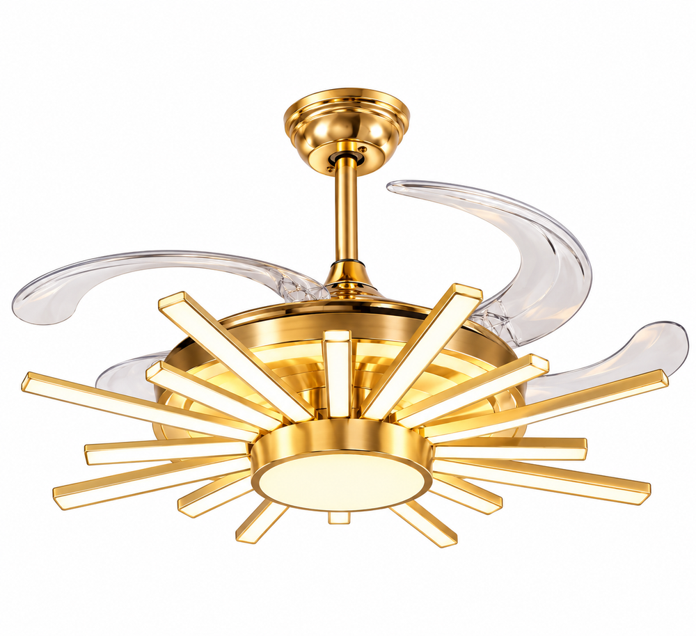 Qulik 48-inch golden ceiling fan with retractable clear blades, sunburst 3-color LED light, remote control and silent operation.