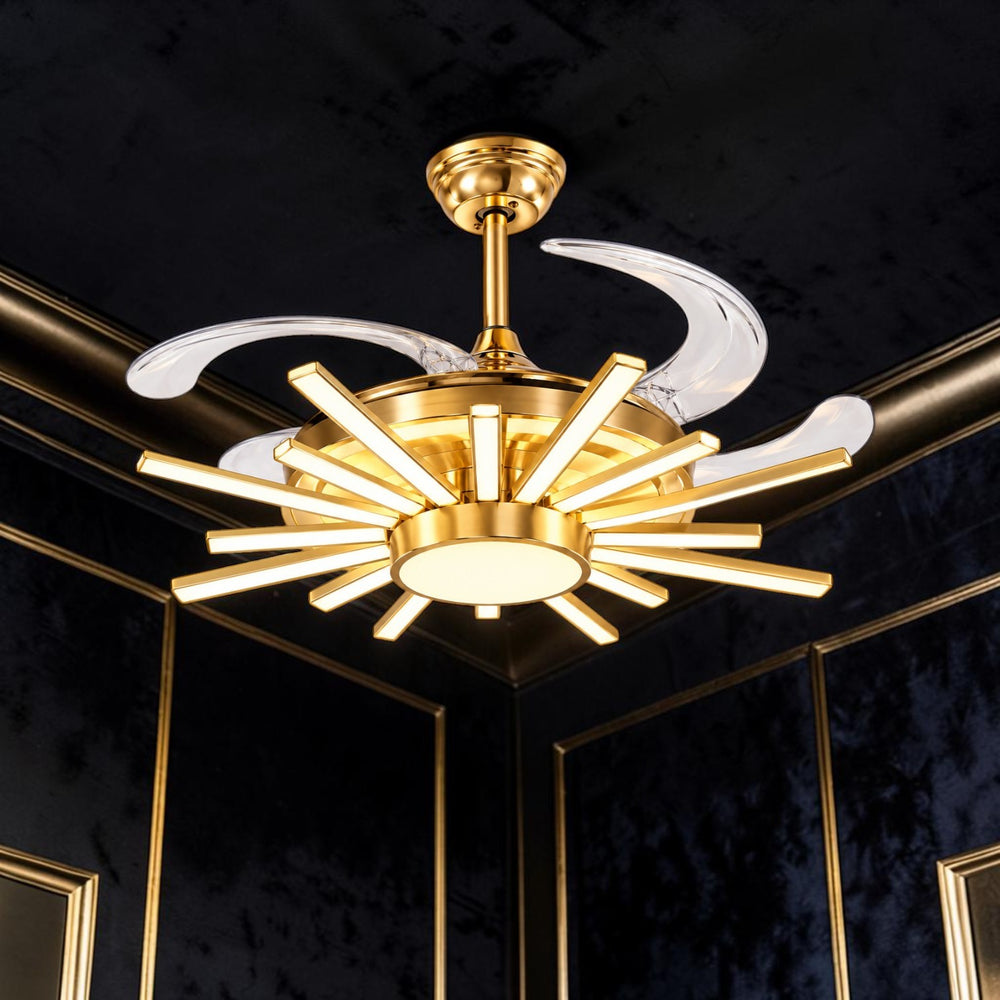 Qulik 48-inch golden ceiling fan with retractable clear blades, sunburst 3-color LED light, remote control and silent operation.