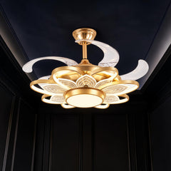 Qulik 48-inch golden ceiling fan with retractable clear blades, lotus LED light, 3-color lighting, remote control and silent operation.