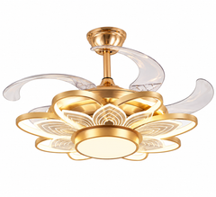 Qulik 48-inch golden ceiling fan with retractable clear blades, lotus-style 3-color LED light, remote control and silent operation.
