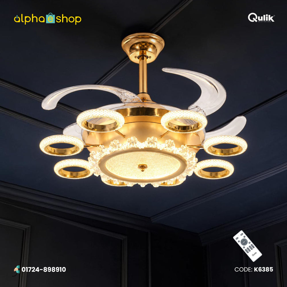 Qulik 48-inch golden ceiling fan with retractable clear blades, circular 3-color LED lights, crystal trim and remote control.