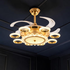 Qulik 48-inch golden ceiling fan with retractable clear blades, circular 3-color LED lights, crystal trim and remote control.