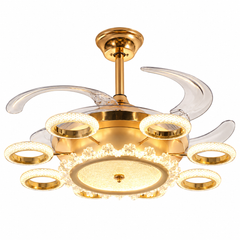 Qulik 48-inch golden ceiling fan with retractable clear blades, circular 3-color LED lights, crystal trim and remote control.