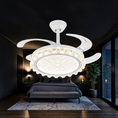 Qulik 48-inch white ceiling fan with retractable clear blades, crystal-trim LED light, 3-color lighting and remote control.