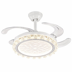 Qulik 48-inch white ceiling fan with retractable clear blades, crystal-trim LED light, 3-color lighting and remote control.