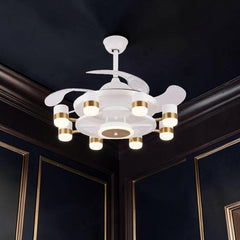 Qulik 48-inch white chandelier ceiling fan with retractable clear blades, 3-color LED, remote control and silent operation.