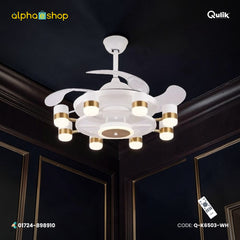 Qulik 48-inch white chandelier ceiling fan with retractable clear blades, 3-color LED, remote control and silent operation.